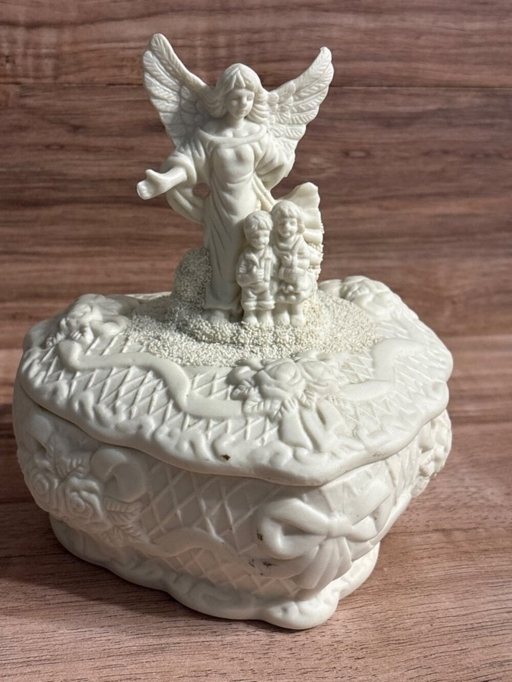 Vintage Angel Figurine Porcelain Keepsake Box Child Figures Decorative Embossed